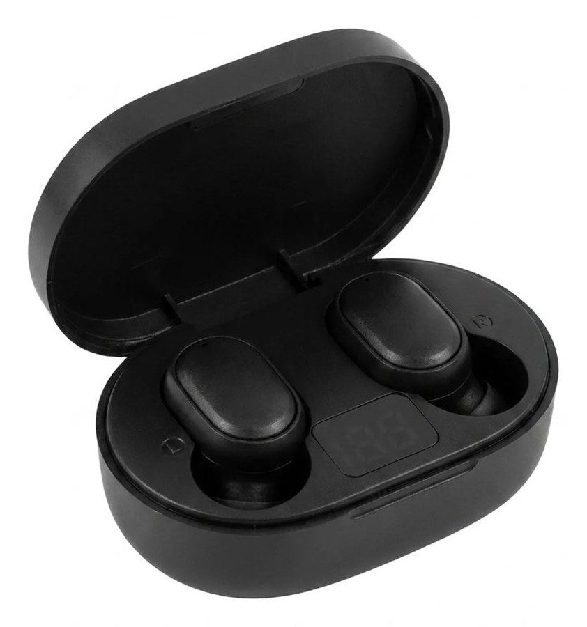 Fone Bluetooth preto com estojo de carregamento aberto e visor digital de bateria entre os dois fones